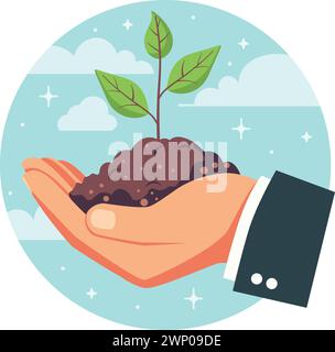 Human hand, businessman hand holds small green sprout in soil illustration. Stock Vector
