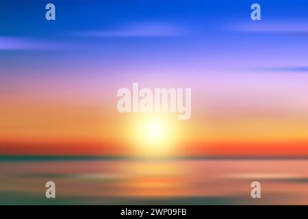 Sunset sky background with clouds. Blue and orange dramatic gradient horizon. Summer evening landscape. Vector sea beach illustration Stock Vector