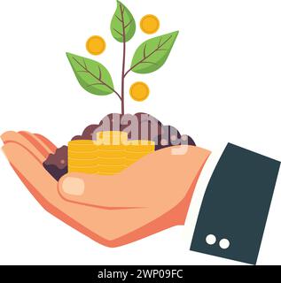 Human hand, businessman hand holds small green sprout in soil illustration. Stock Vector