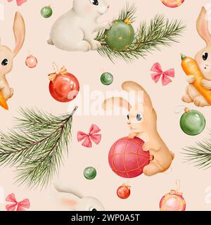 Seamless pattern. Pink background. Bunny and rabbit with Christmas toys watercolor set. Hand drawn animals in different color. hare illustration Stock Photo