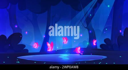 Magic fireflies over small lake in dream forest at night under beams of moon light. Cartoon dark blue vector fantasy landscape with trees and bushes, pink neon luminous glowworms above water in pond. Stock Vector