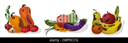 Rotten food isolated on white background. Vector cartoon illustration of waste fruit and vegetable, piles of pumpkin, tomato, bell pepper, carrot, eggplant, banana, pear, orange with brown stains Stock Vector