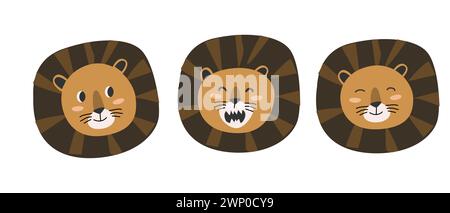 Cute jungle wild animal faces - lion heads in scandinavian style. Vector illustration in flat style. Isolated vector icons. Stock Vector