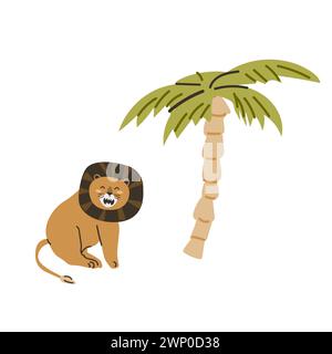 Cute jungle wild animal cat - lion with palm tree in scandinavian style. Vector illustration in flat style. Isolated vector icons of wild jungle cute Stock Vector