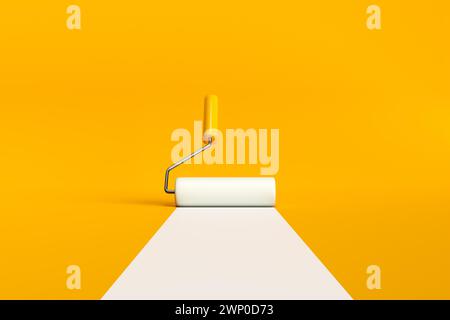 Paint roller brush painting a white line on yellow background. Home improvement, renovation and DIY concepts. 3D rendering. Stock Photo