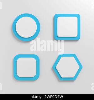 White blank push button set with blue frame. Round, square and hexagon shaped push buttons with shadow on white background. 3D render. Stock Photo