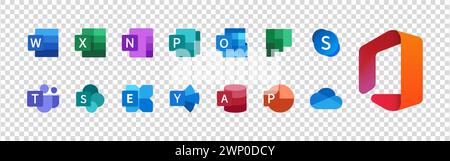 Microsoft Office 365: Word, Excel, OneNote, Sway, PowerPoint, Yammer, Outlook, Access, Publisher, SharePoint, Skype, Exchange, Teams, OneDrive. Window Stock Vector