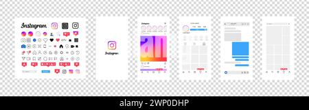 Instagram design. Set instagram screen social media and social network interface template. Instagram photo frame. Stories, liked, stream. Transparent Stock Vector