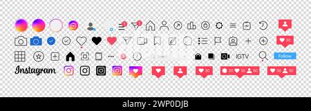Instagram button icon. Set instagram screen social media and social network interface template. Stories user button, symbol, sign logo. Stories, liked Stock Vector