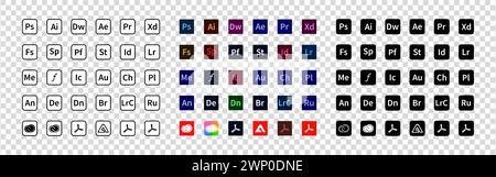 Adobe products. Logotype set of adobe apps: illustrator, photoshop, creative cloud, after effects, lightroom, premiere pro. Programs logos collection. Stock Vector
