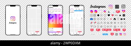 Instagram design. Set screen social media and network interface template. Photo frame. Stories, liked, feedback, personal profile, chat, Reels, feed, Stock Vector