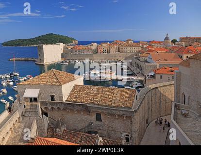 Aerial view of old Town of Dubrovnik on coast of Adriatic Sea, Croatia, Europe Stock Photo