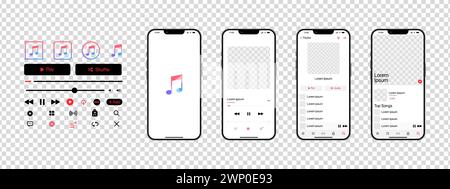 Apple music mockup. Music app. Application template on Iphone mockup. Subscription music player. Profile, Song, Album, Playlist. Pause, note, search, Stock Vector