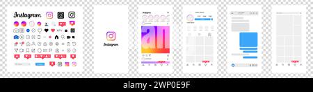 Instagram design. Set instagram screen social media and social network interface template. Instagram photo frame. Stories, liked, stream. Transparent Stock Vector