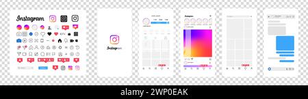 Instagram design. Set instagram screen social media and social network interface template. Instagram photo frame. Stories, liked, stream. Transparent Stock Vector