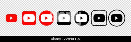 Collection of different YouTube icons. Social media logo. Line art and flat style. Vector line icon for business and advertising. Transparent backgrou Stock Vector