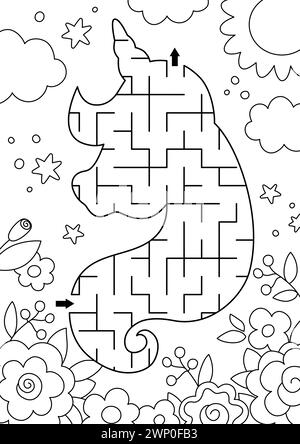 Unicorn black and white geometrical maze for kids. Fairytale line preschool printable activity shaped as horse head with garden flowers, sun, sky. Mag Stock Vector