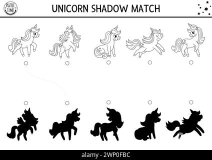 Unicorn black and white shadow matching activity. Magic world puzzle with cute characters. Find correct silhouette printable line worksheet, game. Fai Stock Vector