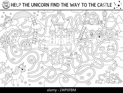 Unicorn black and white maze for kids with fantasy country landscape, castle, fairy. Magic preschool printable activity with treasures, rainbow, fores Stock Vector