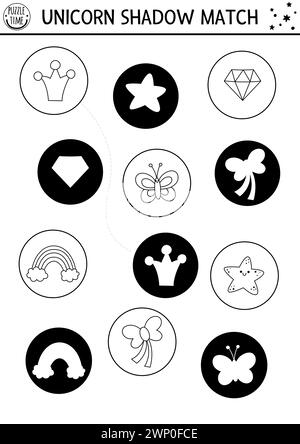 Black and white unicorn shadow matching activity with rainbow, star, butterfly, crystal. Magic line puzzle. Find correct silhouette printable workshee Stock Vector