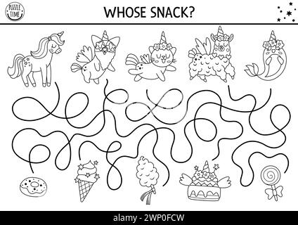 Unicorn black and white maze for kids with fantasy animals with horns and dessert snacks. Magic world printable activity, coloring page with cat, dog, Stock Vector