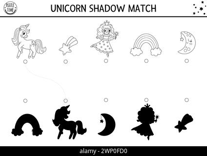 Unicorn black and white shadow matching activity with rainbow, fairy, falling star. Magic world puzzle. Find correct silhouette printable worksheet, g Stock Vector