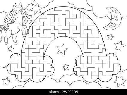 Unicorn black and white geometrical maze for kids. Fairytale line preschool printable activity shaped as rainbow. Magic or fantasy labyrinth game puzz Stock Vector