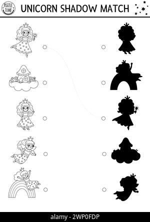 Black and white shadow matching activity with little fairies. Magic world puzzle. Find correct silhouette printable worksheet, game. Fairytale colorin Stock Vector