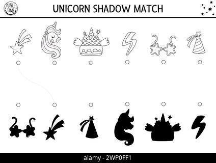 Unicorn black and white shadow matching activity with rainbow cake, birthday cap, falling star. Magic world puzzle. Find correct silhouette printable Stock Vector