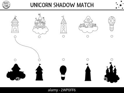 Unicorn black and white shadow matching activity with castle, fairy house on cloud, towers. Magic world puzzle. Find correct silhouette printable work Stock Vector