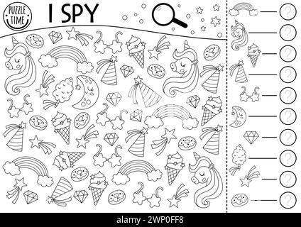 Unicorn black and white I spy game for kids. Searching and counting activity with rainbow, star. Magic world printable worksheet for preschool childre Stock Vector