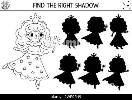 Shadow matching black and white activity with little fairy. Magic world puzzle. Find correct silhouette printable worksheet, game. Fairytale coloring Stock Vector