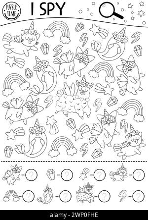 Unicorn black and white I spy game for kids. Searching and counting activity with rainbow, animals, falling star. Magic or fantasy printable worksheet Stock Vector