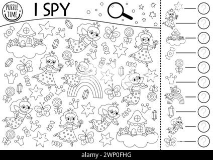 Unicorn black and white I spy game for kids. Searching and counting activity with little fairy princess, rainbow, stars. Magic printable worksheet, co Stock Vector