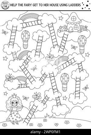 Unicorn maze for kids with little princess, rainbow. Magic world preschool printable activity. Black and white fairytale labyrinth game, puzzle or col Stock Vector