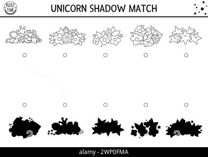 Black and white unicorn shadow matching activity with treasures. Magic world puzzle with gem stone, crystal, flower, star. Find correct silhouette pri Stock Vector
