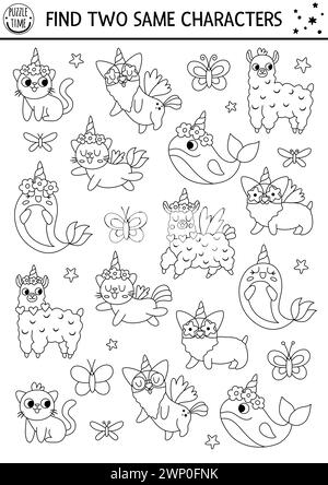 Find two same unicorn animals. Magic world black and white matching activity for children. Fantasy or fairytale educational line quiz worksheet for ki Stock Vector