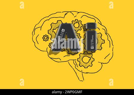 Two microchips in the form of the letters AI integrated with the human brain represent the cutting-edge fusion of technology and cognition. Artificial Stock Photo
