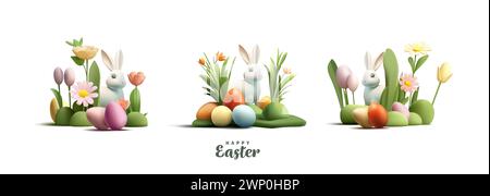 Happy Easter greeting composition set with 3d render Easter eggs and bunny and spring flowers, different composition variants Stock Vector