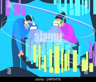 Business people in virtual reality glasses modeling 3d future building. Using a digital virtual screen simulation for augmented research, entertainmen Stock Vector