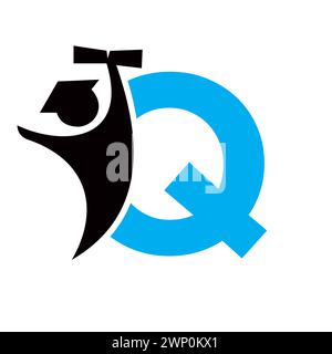 Letter Q Education Logo Design. Graduation Symbol With Human Holding Graduation Paper Icon Stock Vector