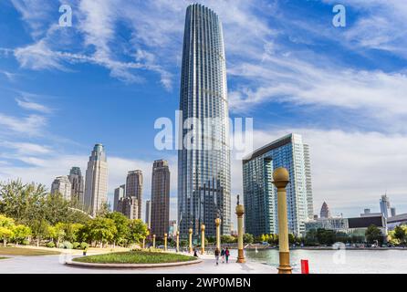 Riverside park and World Financial Center in the center of Tianjin, China Stock Photo