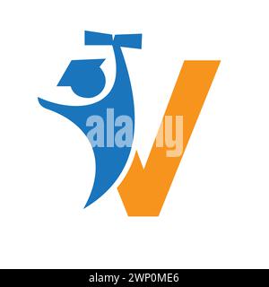 Letter V Education Logo Design. Graduation Symbol With Human Holding Graduation Paper Icon Stock Vector