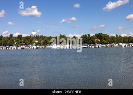 Trosa, Sweden - July 29, 2023: Moored boats and yachts in Trosa in the Södermanland area, Sweden. Stock Photo
