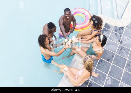 Diverse group of friends enjoying a pool party, toasting with drinks Stock Photo