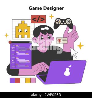 Dynamic Game Designer Developing Interactive Worlds. A digital artist codes and conceptualizes immersive gaming experiences with creativity and technology. Flat vector illustration Stock Vector
