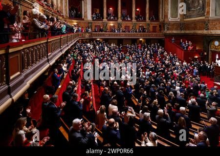 © PHOTOPQR/LE PARISIEN/olivier corsan ; Versailles ; 04/03/2024 ; Gabriel Attal, premier ministre Versailles, France, le 4 mars 2024. Les parlementaires, députés et sénateurs, se sont réunis en Congrès Parlementaire pour la révision de la Constitution qui y intègre le droit à l'IVG l'Interruption Volontaire de Grossesse ou avortement. Photo : LP /Olivier Corsan a special congress gathering of both houses of parliament (National Assembly and Senate) in the palace of Versailles, outside -Paris, France, 04 March 2024. French lawmakers are gathering in Versailles to vote on adding an article Stock Photo