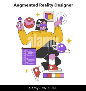 Augmented Reality Designer Creating Virtual Enhancements. An innovator integrates digital overlays into the real world, crafting futuristic experiences. Flat vector illustration Stock Vector