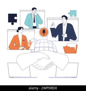 Political action. Diverse people involved in global sustainable development. Digital diplomacy and multicultural cooperation. Flat vector illustration. Stock Vector