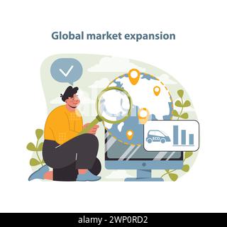 Global Electric Car Market Expansion Illustration. A dynamic vector showing the electric vehicle industry's growth and the global reach of sustainable transportation. Stock Vector